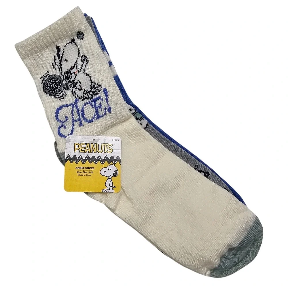 Peanuts Snoopy Ankle Socks 3 Pack Tennis Golf White Blue Grey Shoe Size 4-10 NEW